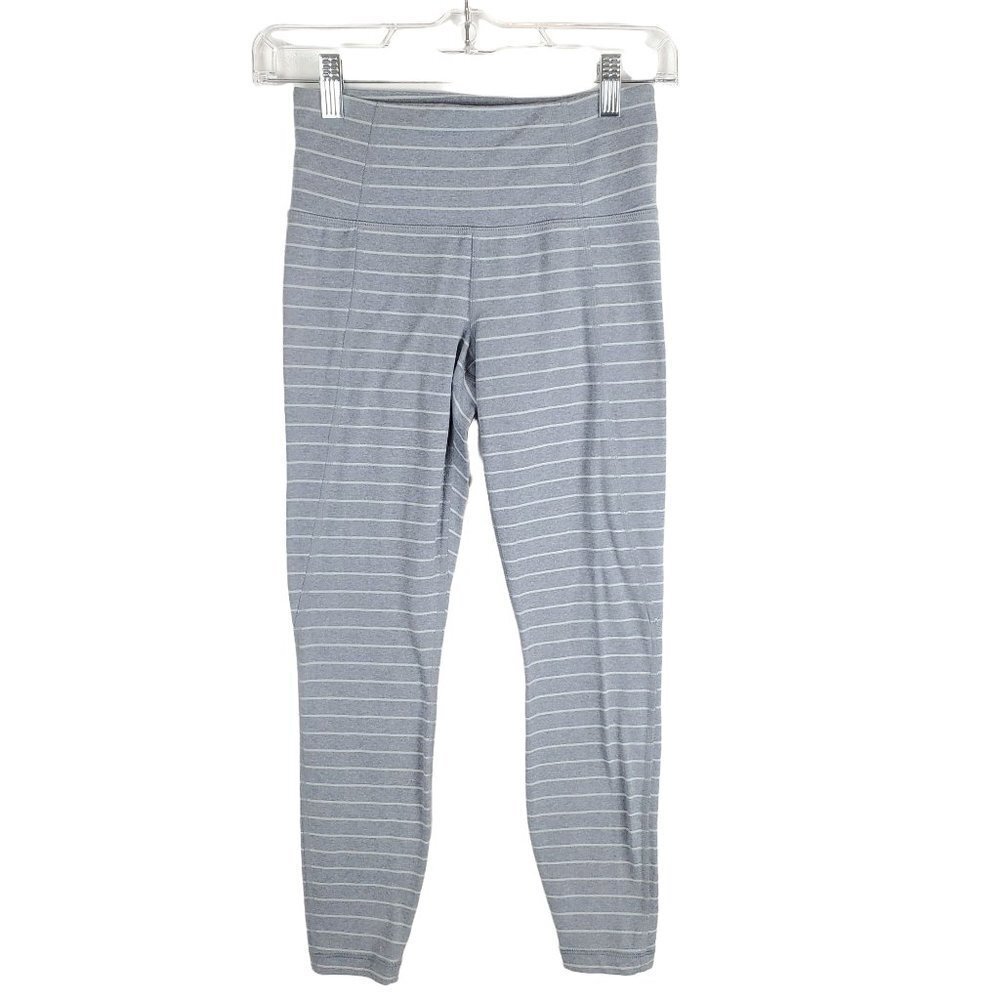 ATHLETA XS‎ stripe Salutation Powervita 7/8 Tights Light Gray Heather